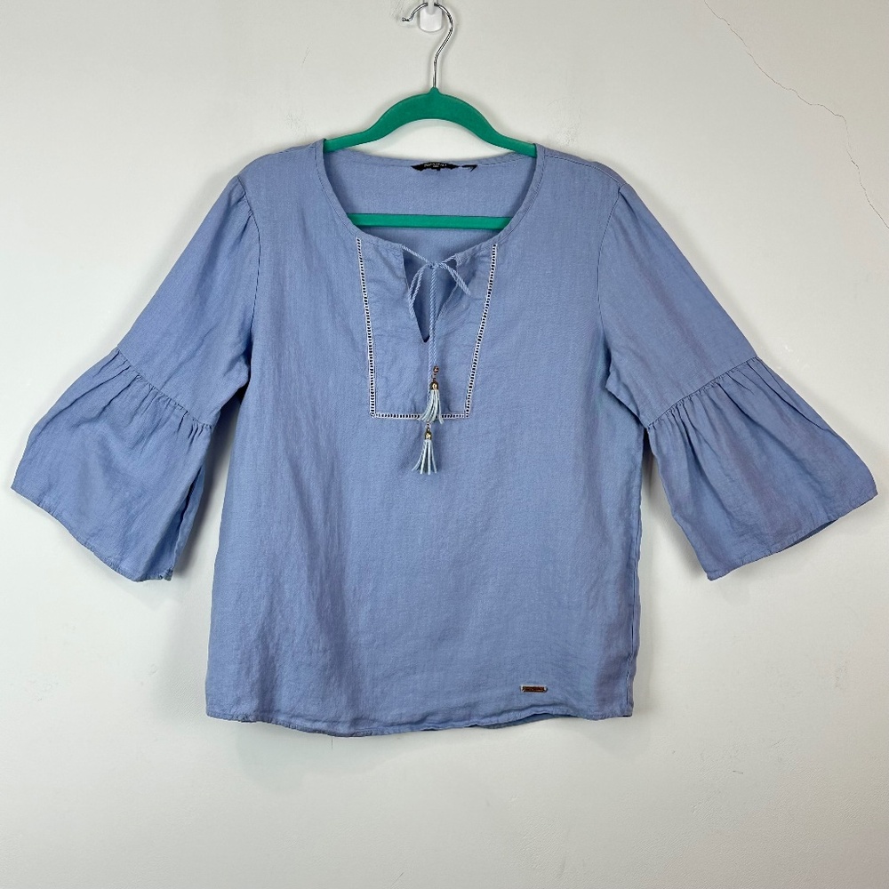 Ellen Tracy Linen Ruffle Sleeve Tassle Top M Boho Beach Resortwear